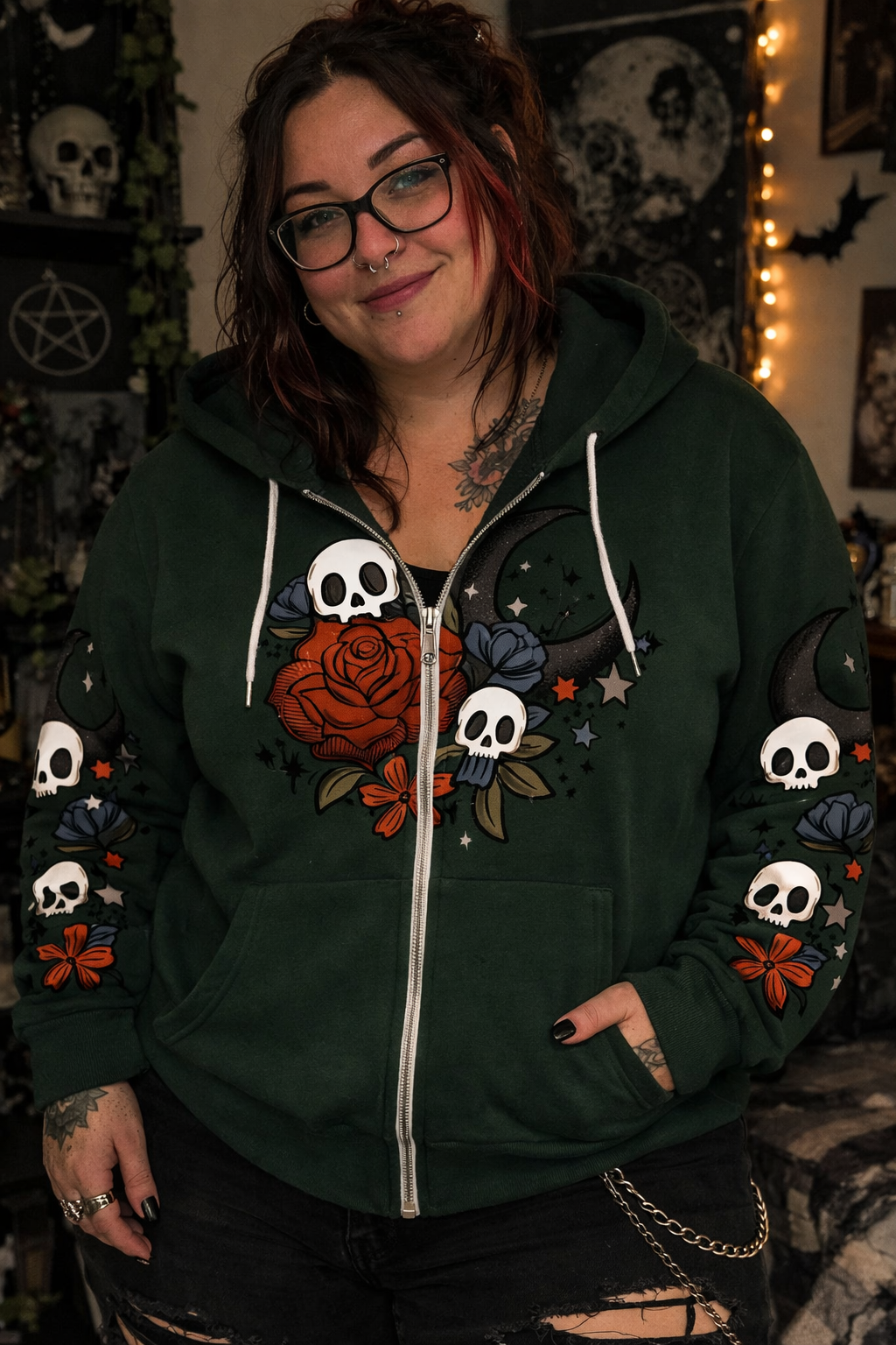 Floral Moon zip hoodie Forest Green RRP £39.99