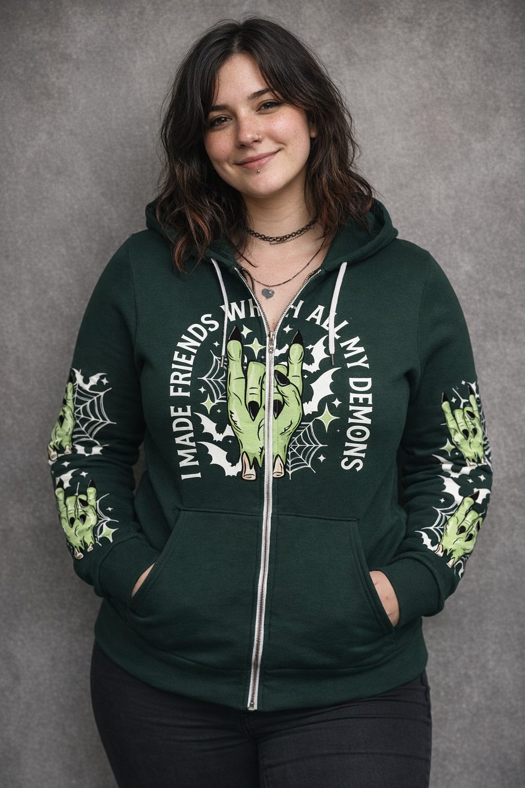 Friends With Demons zip hoodie Forest Green RRP £39.99