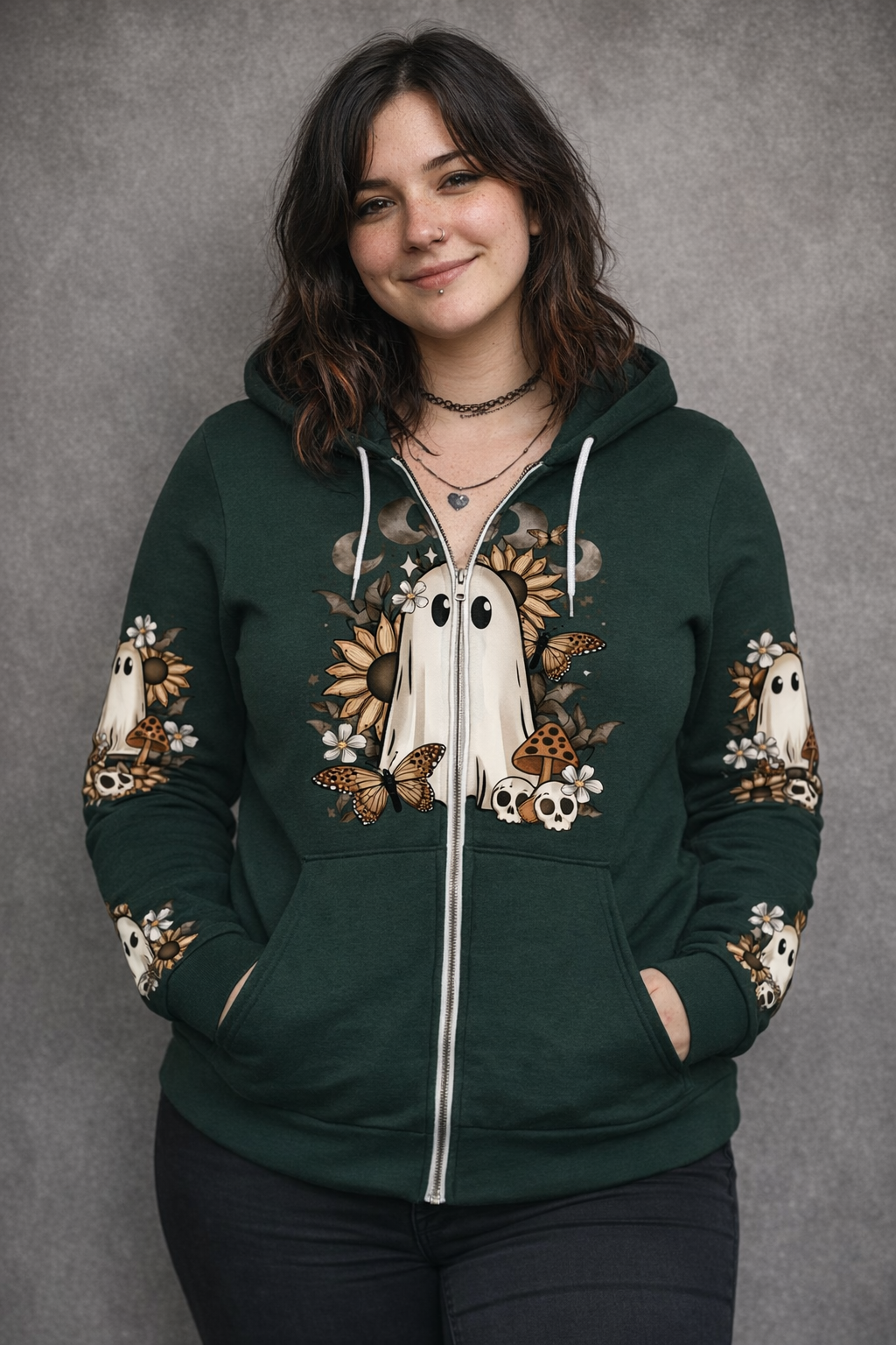 Fall Cottagecore Ghost zip hoodie Forest Green RRP £39.99
