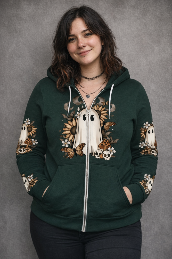Fall Cottagecore Ghost zip hoodie Forest Green RRP &pound;39.99