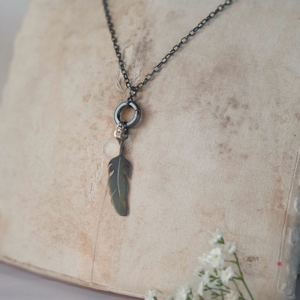 Oxidised Silver Moonstone and Feather Charm Necklace