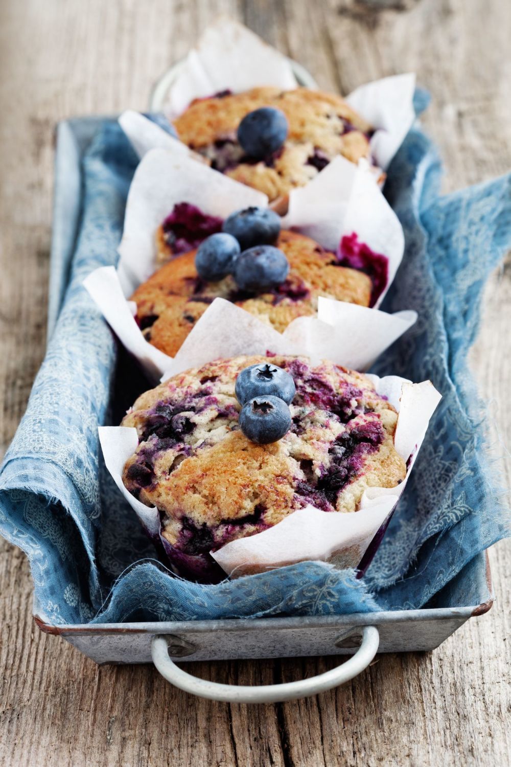  Three Blueberry Muffins in a tray