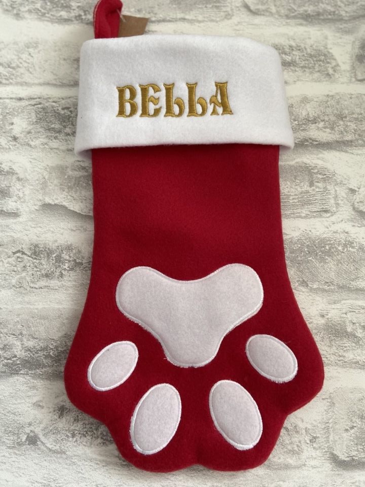 Paw print personalised pet Christmas stocking in red or grey