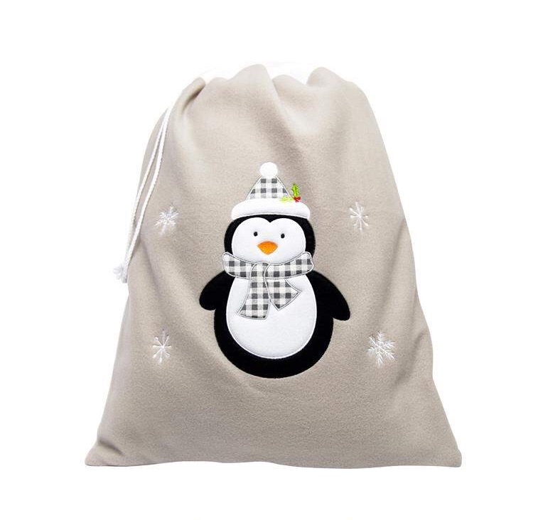 Penguin Santa sack and matching stocking with personalisation in grey
