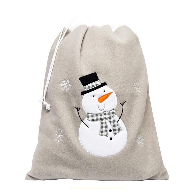 Snowman Santa sack and matching stocking with personalisation in grey