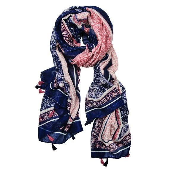 BSS1737-WOMENS WOVEN ALL OVER PRINT WITH TASSELS  -  INDIGO   -  WOMENS O/S
