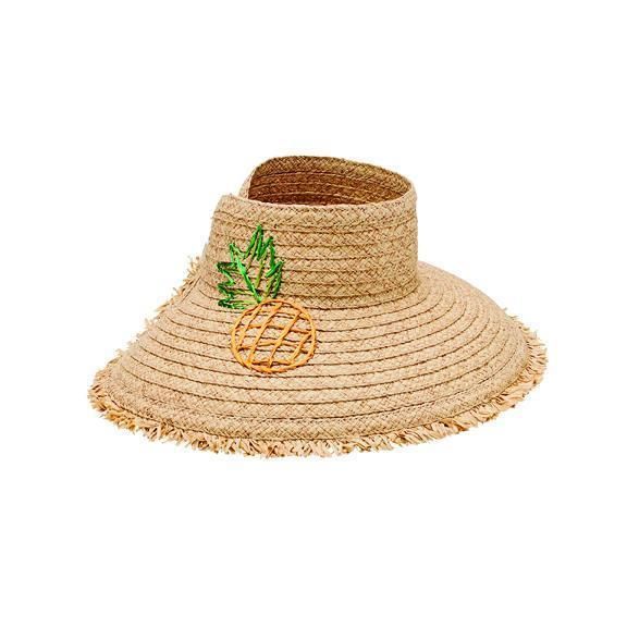 PBV016 - Women's paper straw visor with embroidered pineapple and fray edge  -  NATURAL   -  WOMENS O/S