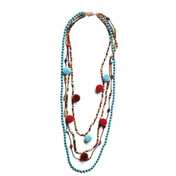 BSJ0013-MULTI STRAND NECKLACE WITH POMS  -  MULTI   -  WOMENS O/S