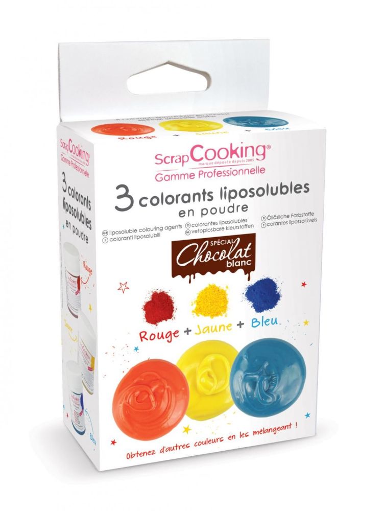 Scrap Cooking: 3 artificial food colouring in powder for chocolate blue, yellow red. MOQ 8 Units @ £12.14 per unit 4012