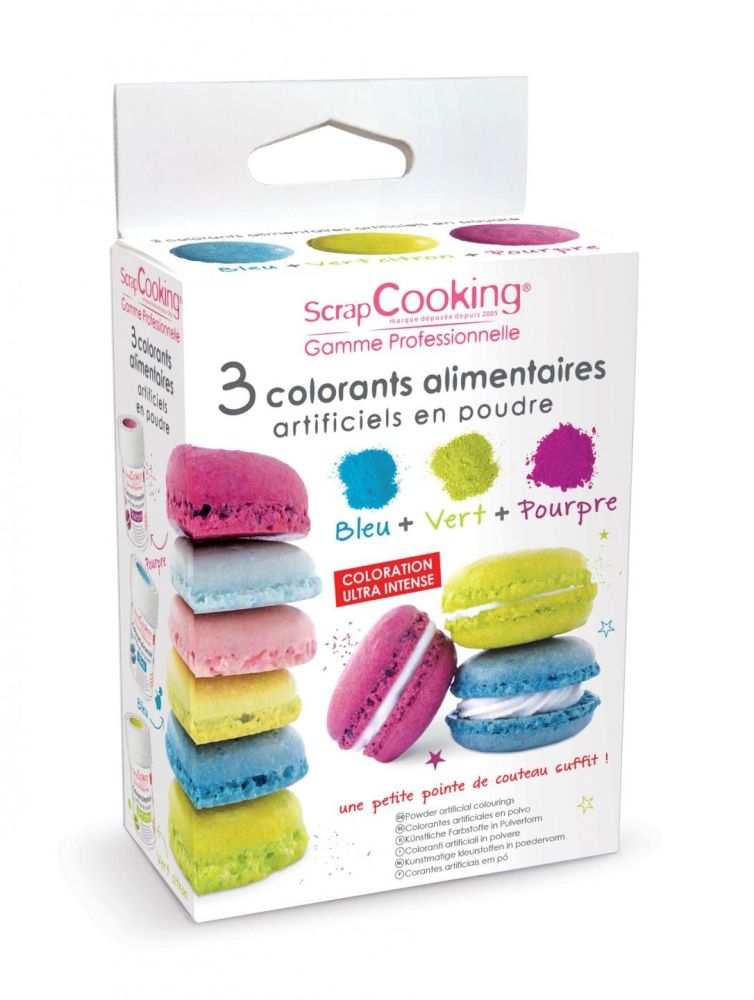 Scrap Cooking: 3 powder artificial colourings blue,green, purple. MOQ 8 Units @ £8.29 per unit 4014