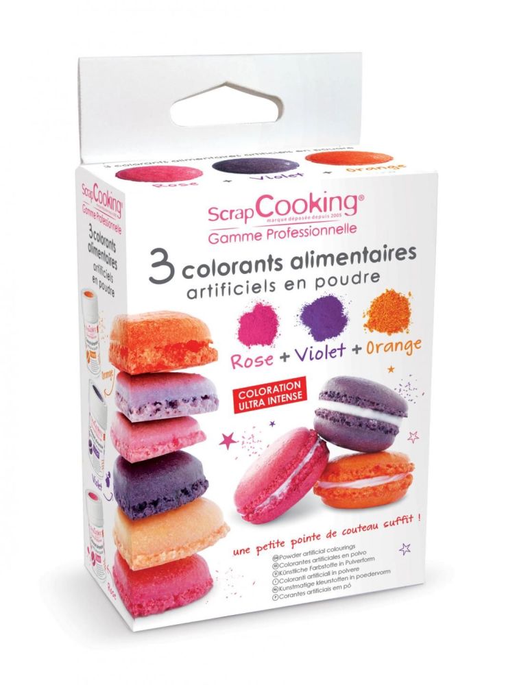 Scrap Cooking: 3 powder artificial colourings orange, violet, pink. MOQ 8 Units @ £8.29 per unit 4013