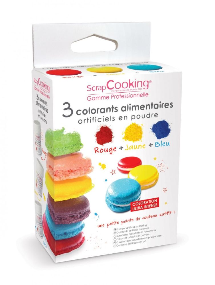 Scrap Cooking: 3 artificial food colouring in powder blue, yellow red. MOQ 8 Units @ £8.02 per unit