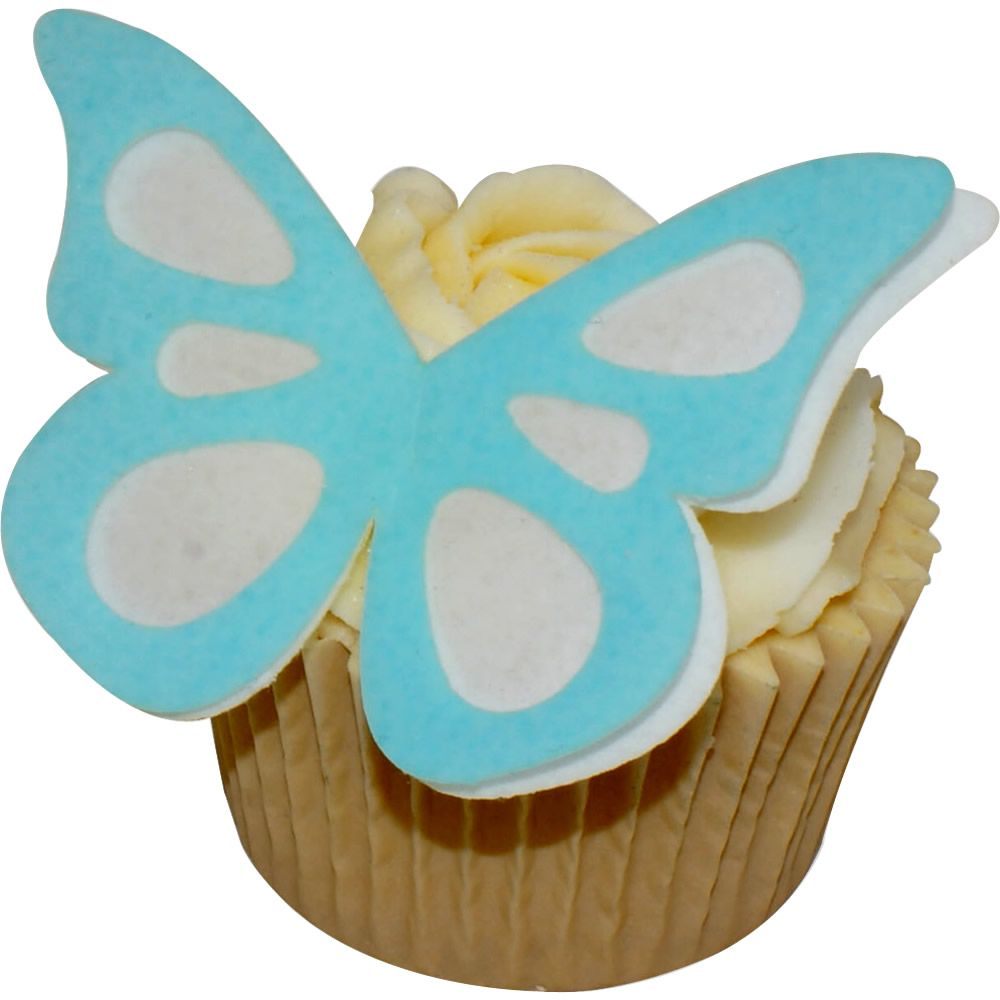 CDA Wafer Paper Pack of 12 (24 parts) Large Shadow Butterflies - Baby Blue on White