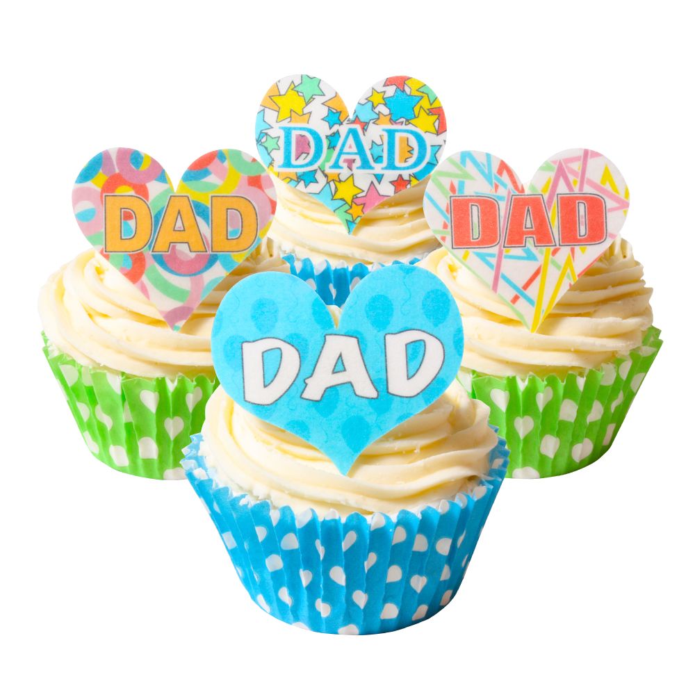 Mixed Pack of 12 Edible Wafer Decorations - DAD - Celebration Heart Toppers