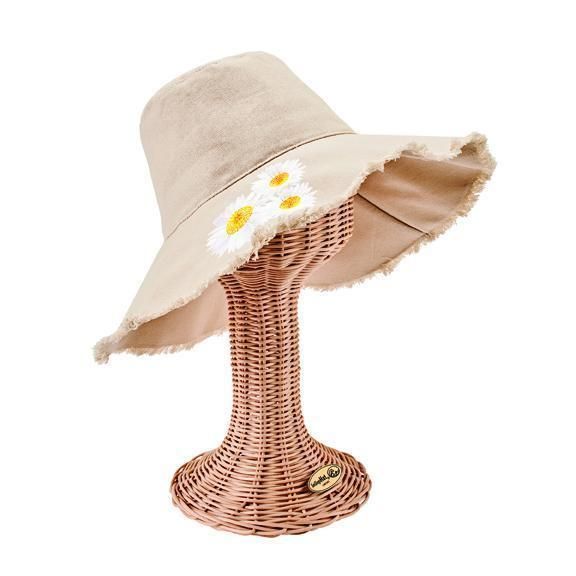 CTH8261-Women's bucket hat with daisy embroidery and fray edge  -  NATURAL   -  WOMENS O/S