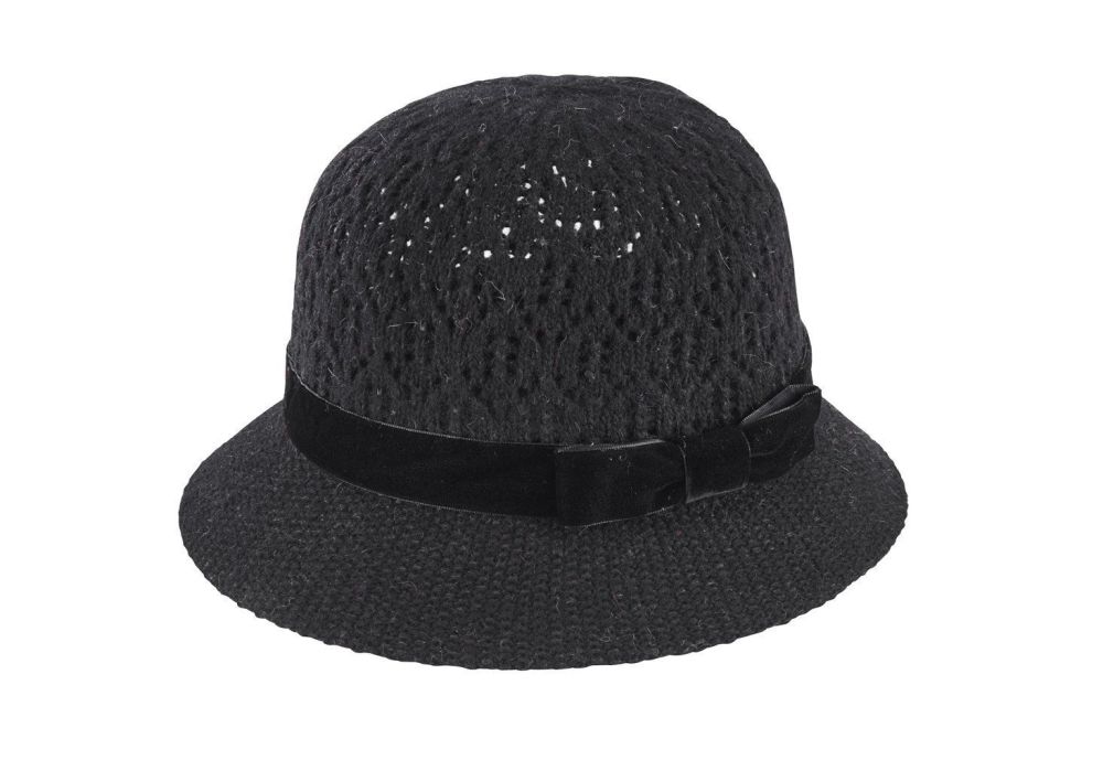 San Diego Hat Company: Women's knitted pointelle cloche with velvet bow tri
