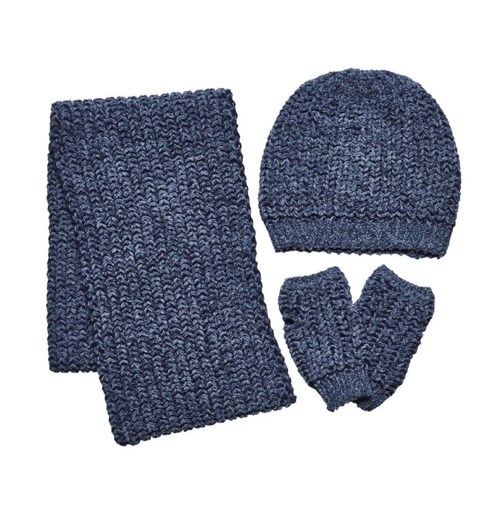 Women's chenille knit beanie with pom, infinity scarf and fingerless gloves
