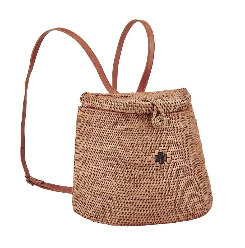 Women's handwoven ata reed basket backpack with batik lining and leather st