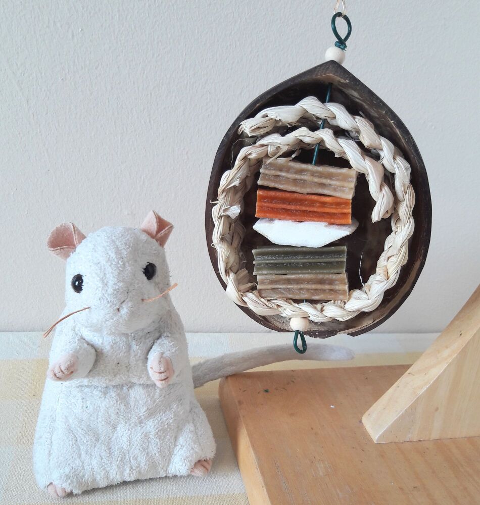 Nibble and Gnaw Refillable Coconut Shell with Cuttle bone and Whimzees treats