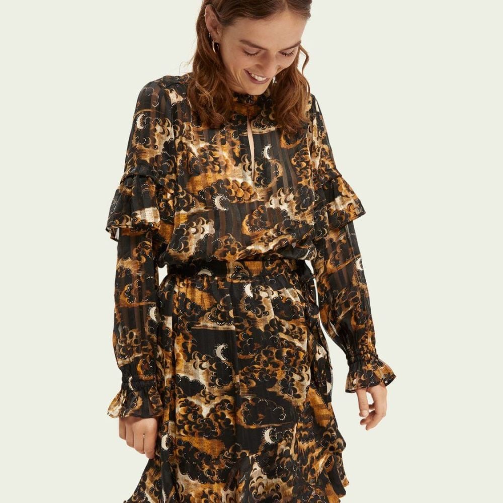 Scotch and Soda Printed Ruffle Top - Gold and Black