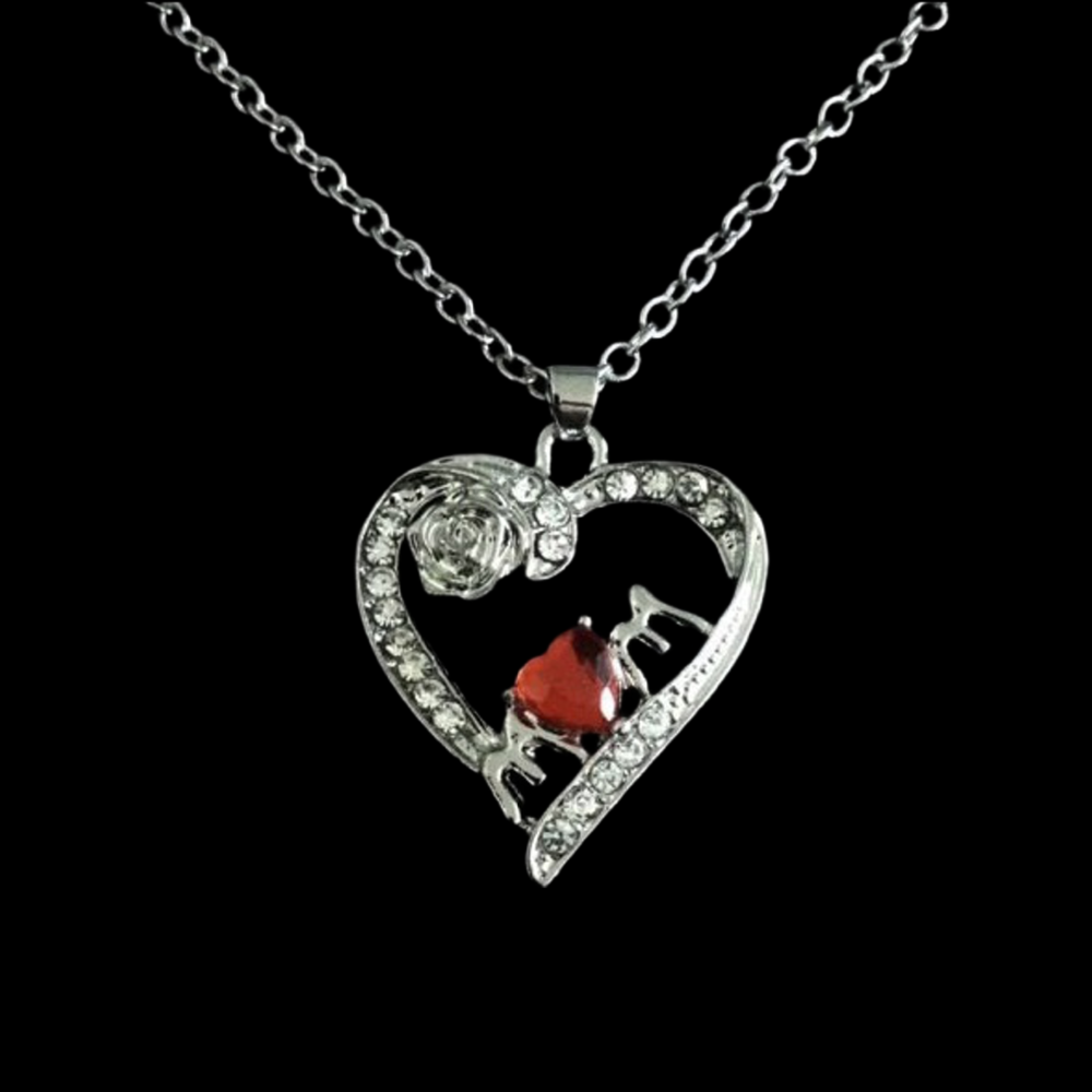 No.202 Red Crystal Heart and Rose Mum Necklace