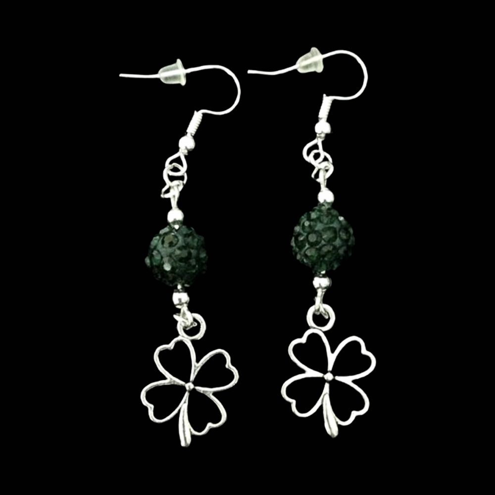 *No.957 Dark Green Disco Ball Bead and Silver Open Cloverleaf Charm Earrings
