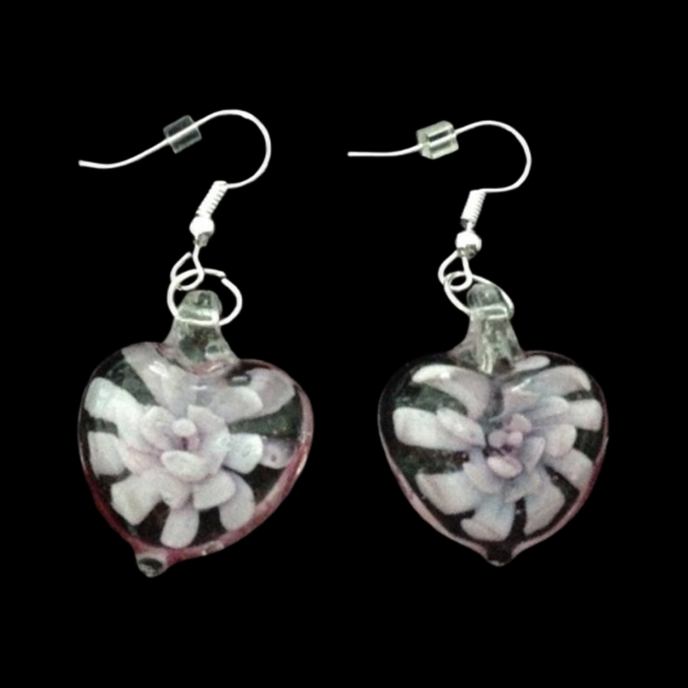 *No.64 Pink Glass Flower Heart Earrings