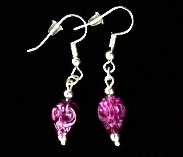 *No.964 Mini Dark Pink Crystal Skull Earrings