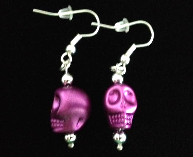 *No.814 Metallic Dark Pink Skull Earrings