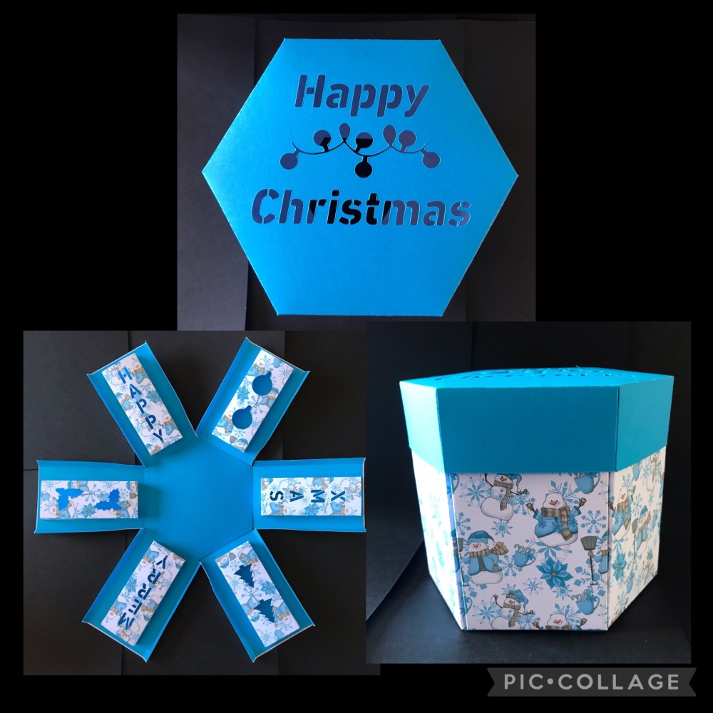 Christmas Themed Exploding Box in a Turquoise, Biege and White Snowman Design Card (Made to Order)