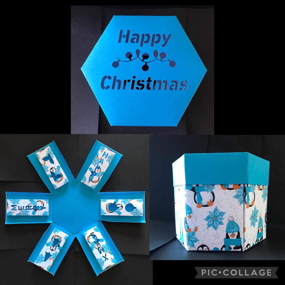 Christmas Themed Exploding Box in a Turquoise, Black and White Penguin Design Card (Made to Order)