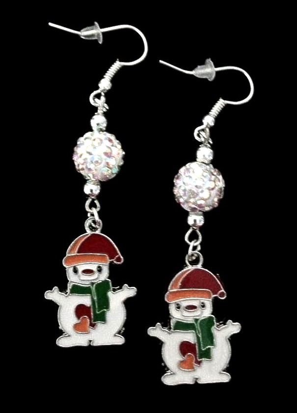 *No.1150 Snowman and White Disco Ball Earrings