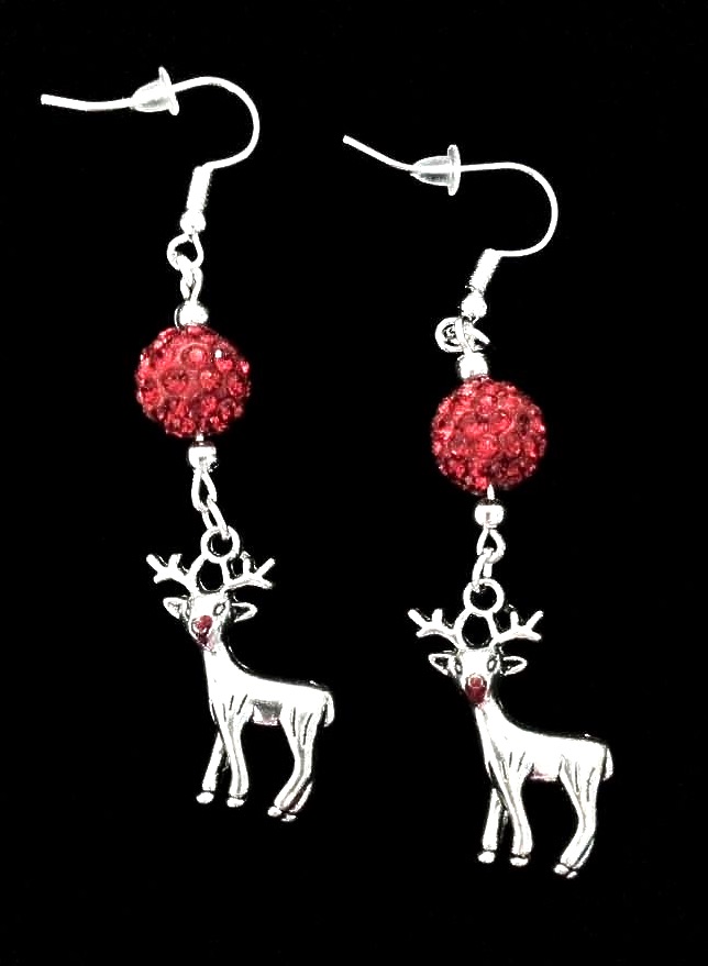 *No.1157 Red Nosed Reindeer and Red Disco Ball Earrings