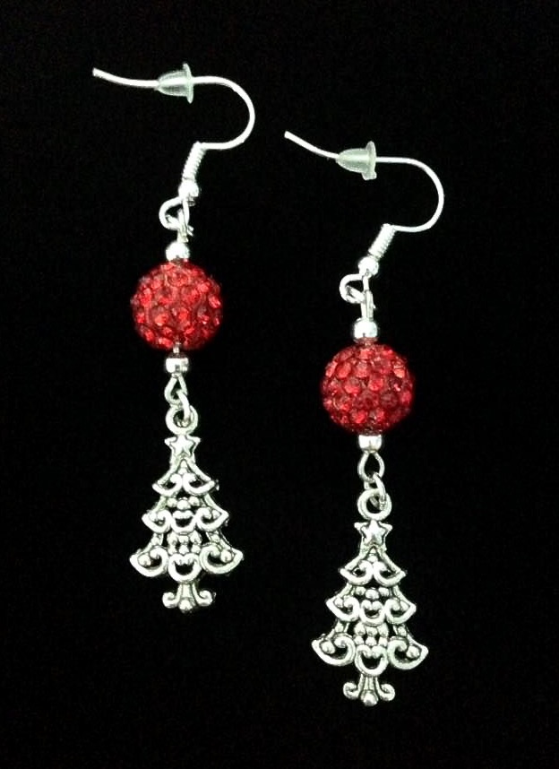 *No.1148 Ornate Christmas Tree and Red Disco Ball Earrings