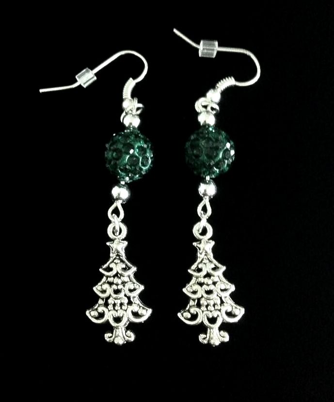 *No.1156 Ornate Christmas Tree and Green Disco Ball Earrings