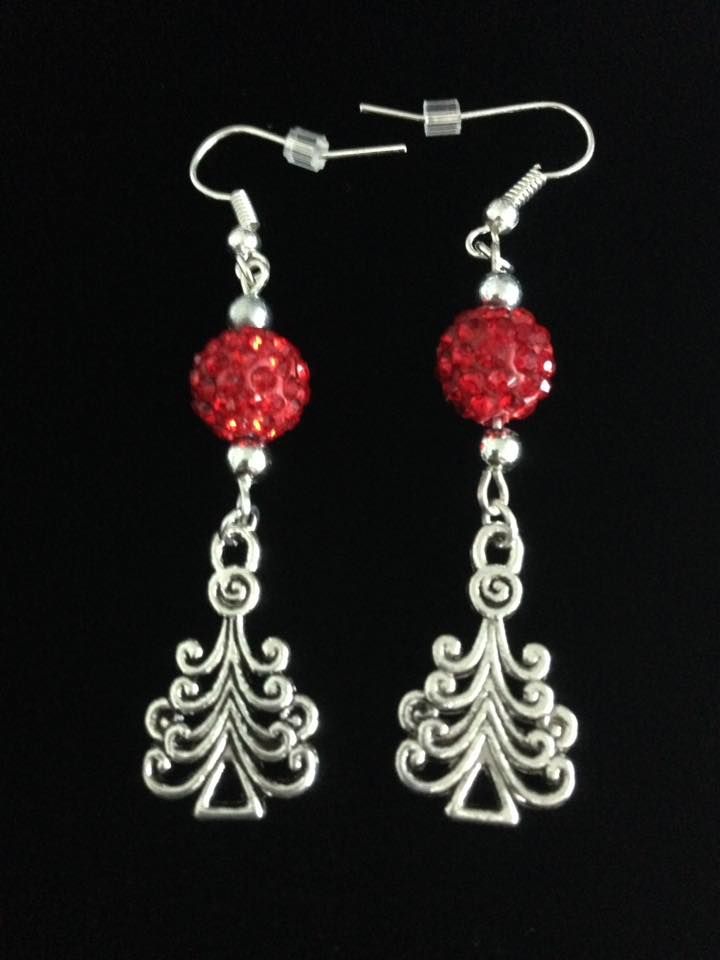 *No.1152 Curly Christmas Tree and Red Disco Ball Earrings