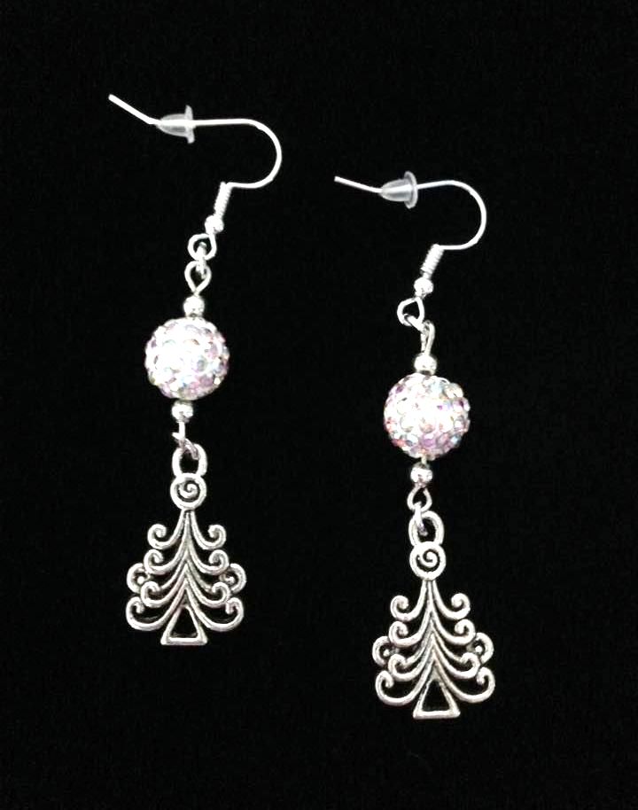 *No.1170 Curly Christmas Tree and White Disco Ball Earrings