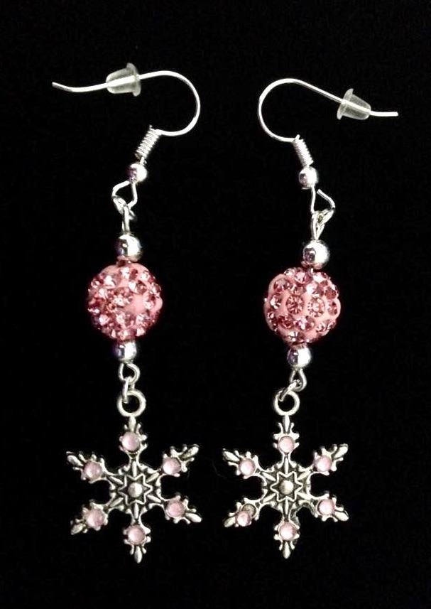 *No.1183 Snowflake and Pink Disco Ball Earrings