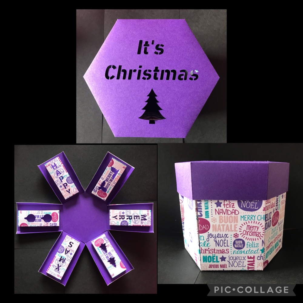 Christmas Themed Exploding Box in a Purple, Blue and White Word  Design Card (Made to Order)