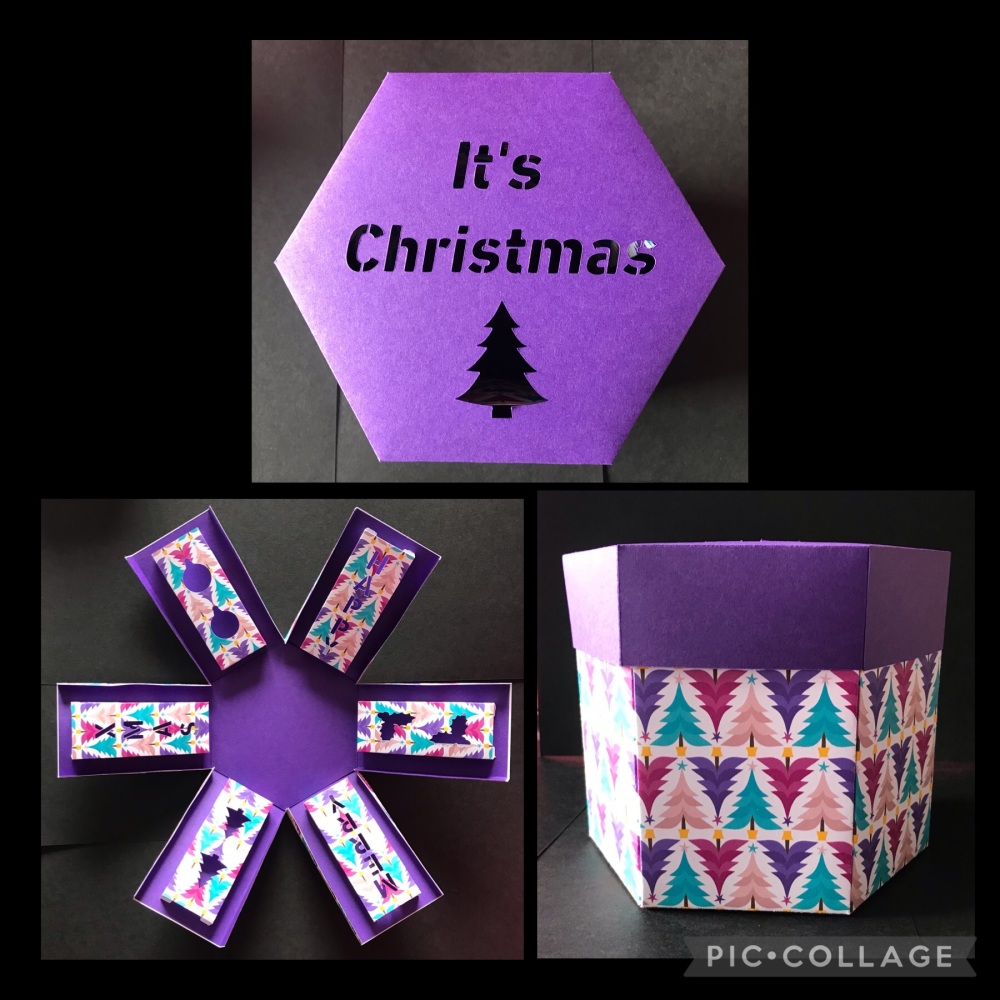 Christmas Themed Exploding Box in a Purple, Blue and White Tree  Design Card (Made to Order)