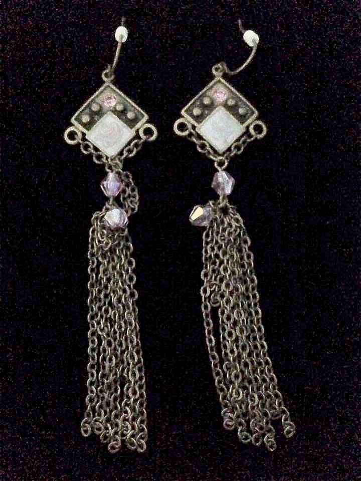*No.112 Lilac Diamond and Antiqued Metal Tassled Earrings