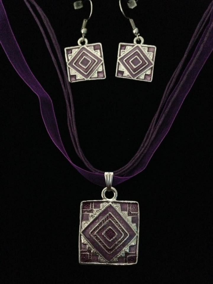 No.1 Square Purple and Silver Enamelled Pendent Jewellery Set