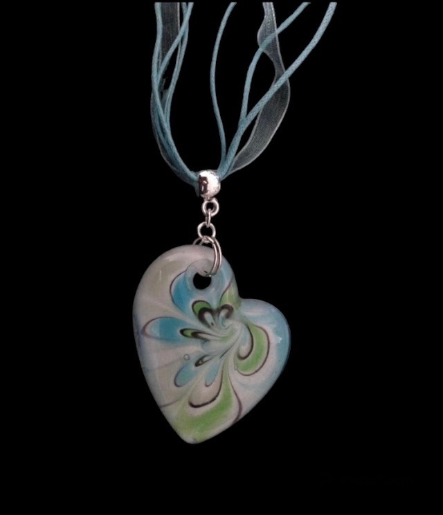 No.50 Blue, Green and White Glass Heart Necklace