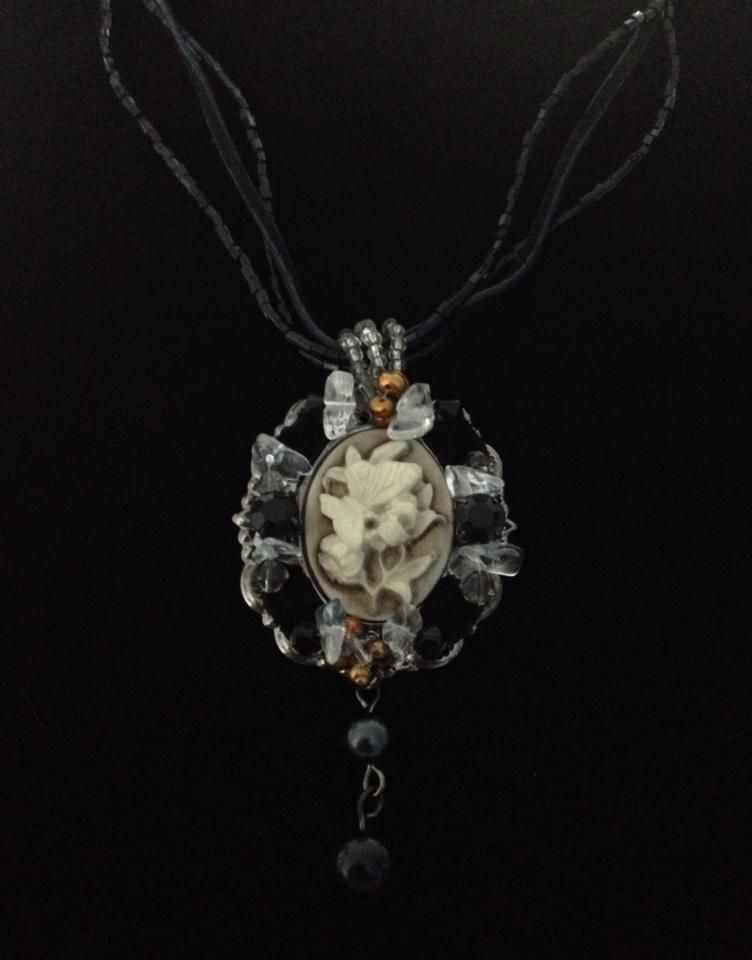 No.109 Black and Cream Butterfly Cameo Style Pendent Necklace