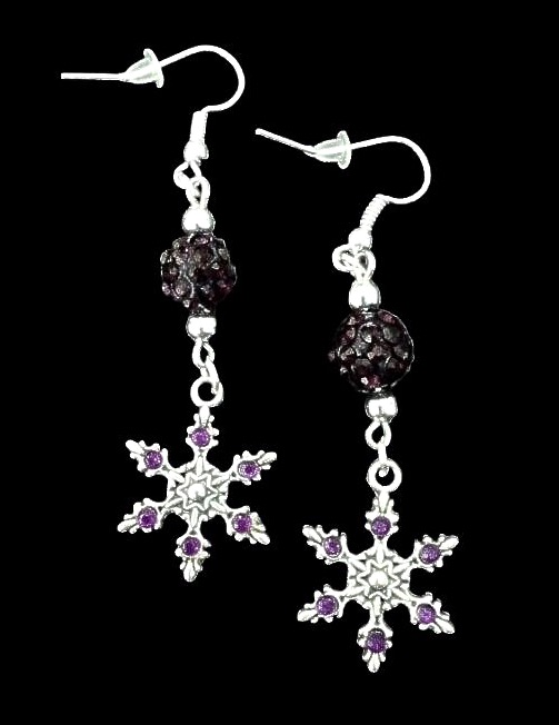 *No.1103 Snowflake and Dark Purple Disco Ball Earrings