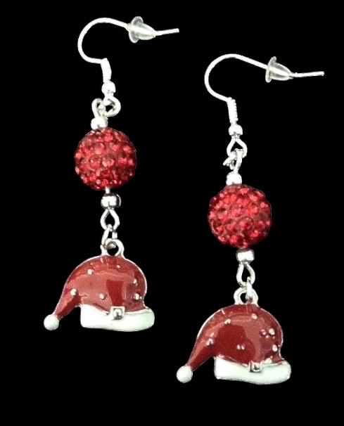 *No.1117 Christmas Hat and Red Disco Ball Earrings