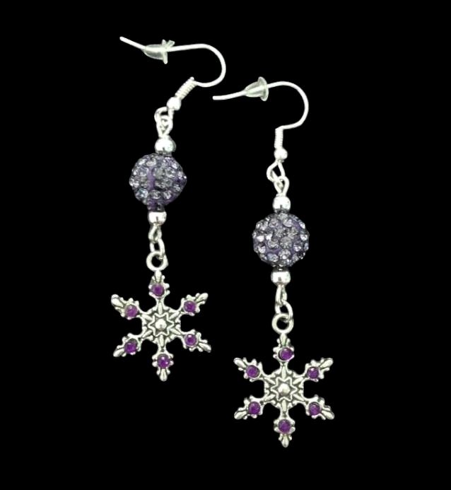 *No.1123 Snowflake and Purple/Violet Disco Ball Earrings