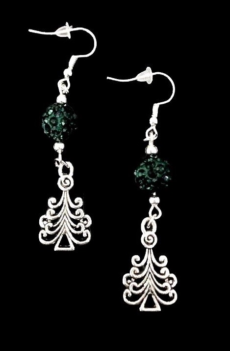 *No.1129 Curly Christmas Tree and Green Disco Ball Earrings