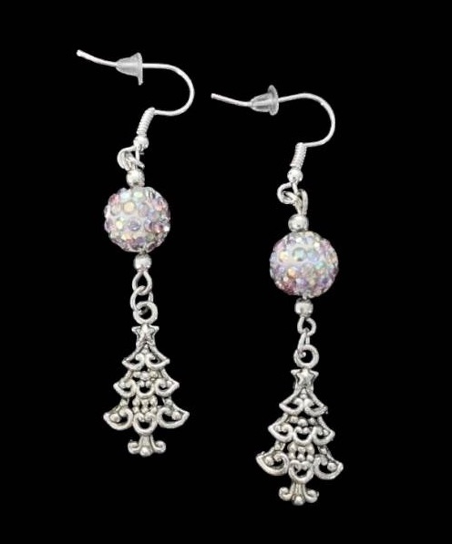 *No.1130 Ornate Christmas Tree and White Disco Ball Earrings
