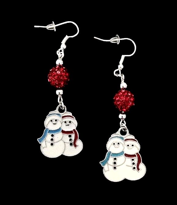 *No.1136 Snowmen and Red Disco Ball Earrings